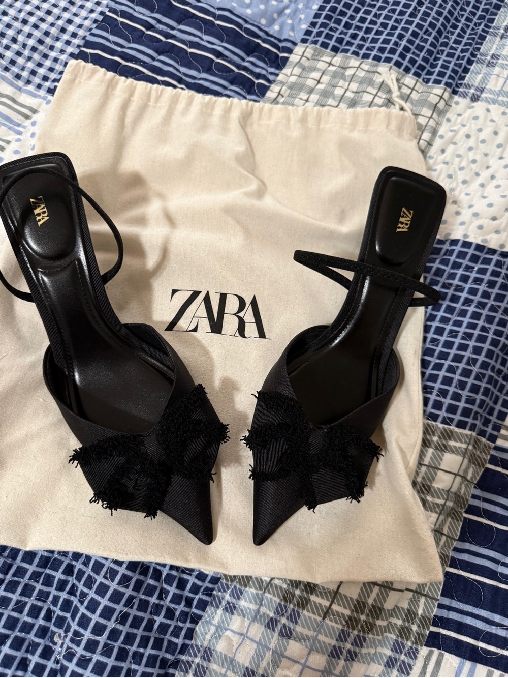 ZARA Black Pointed Bow Slingback Heels with Frayed Detail